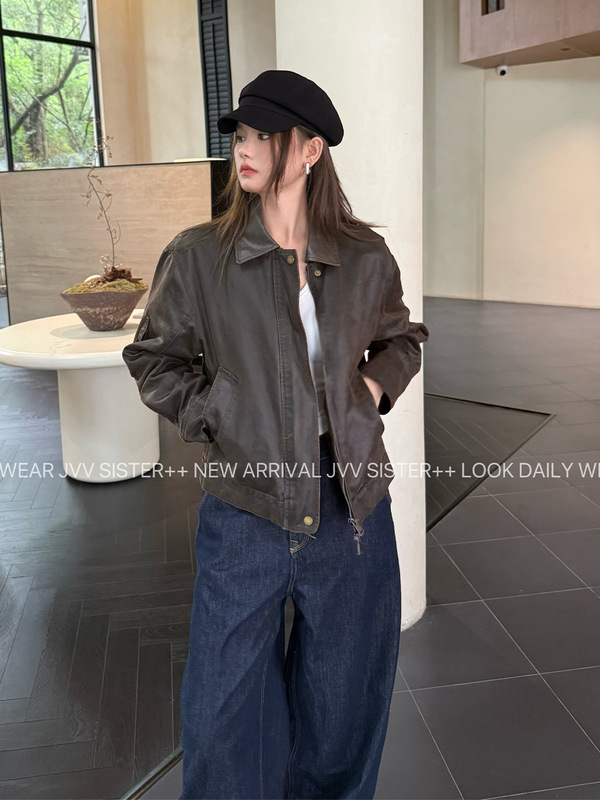 JVV十三行2025秋季新款复古做旧PU皮衣拉链翻领夹克外套女潮71293|undefined