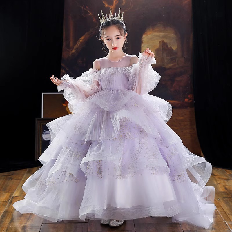 女童拖尾禮服公主蓬蓬裙兒童小主持人走秀鋼琴演奏演出服一件代發