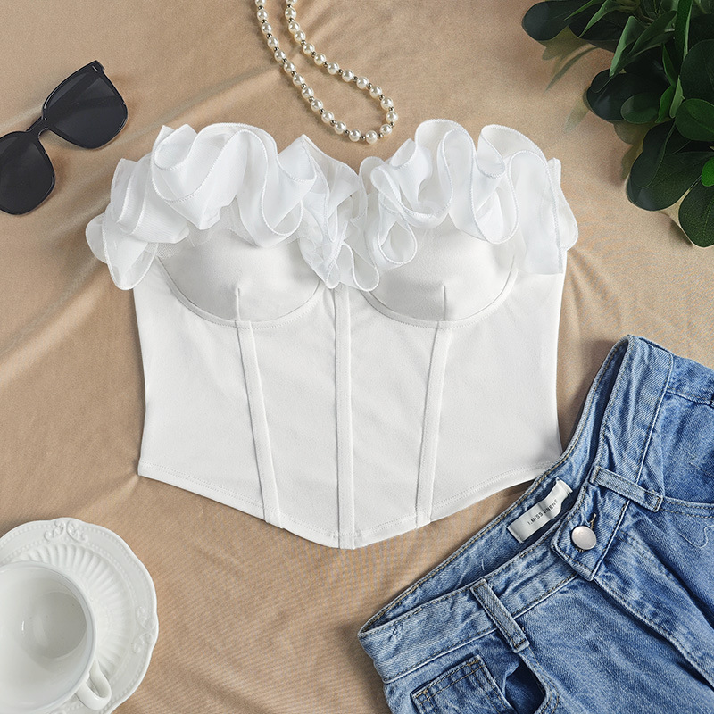 Sweet White Petal Trimmed Strapless French Retro Ruffled Top For Women Slimming Outer And Inner Wear_voghion.com