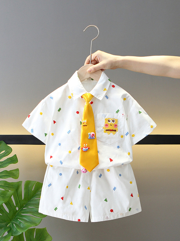 男の子半袖シャツスーツ夏スタイル韓国子供服スポンジボブ子供夏ネクタイツーピーストレンドセット|undefined