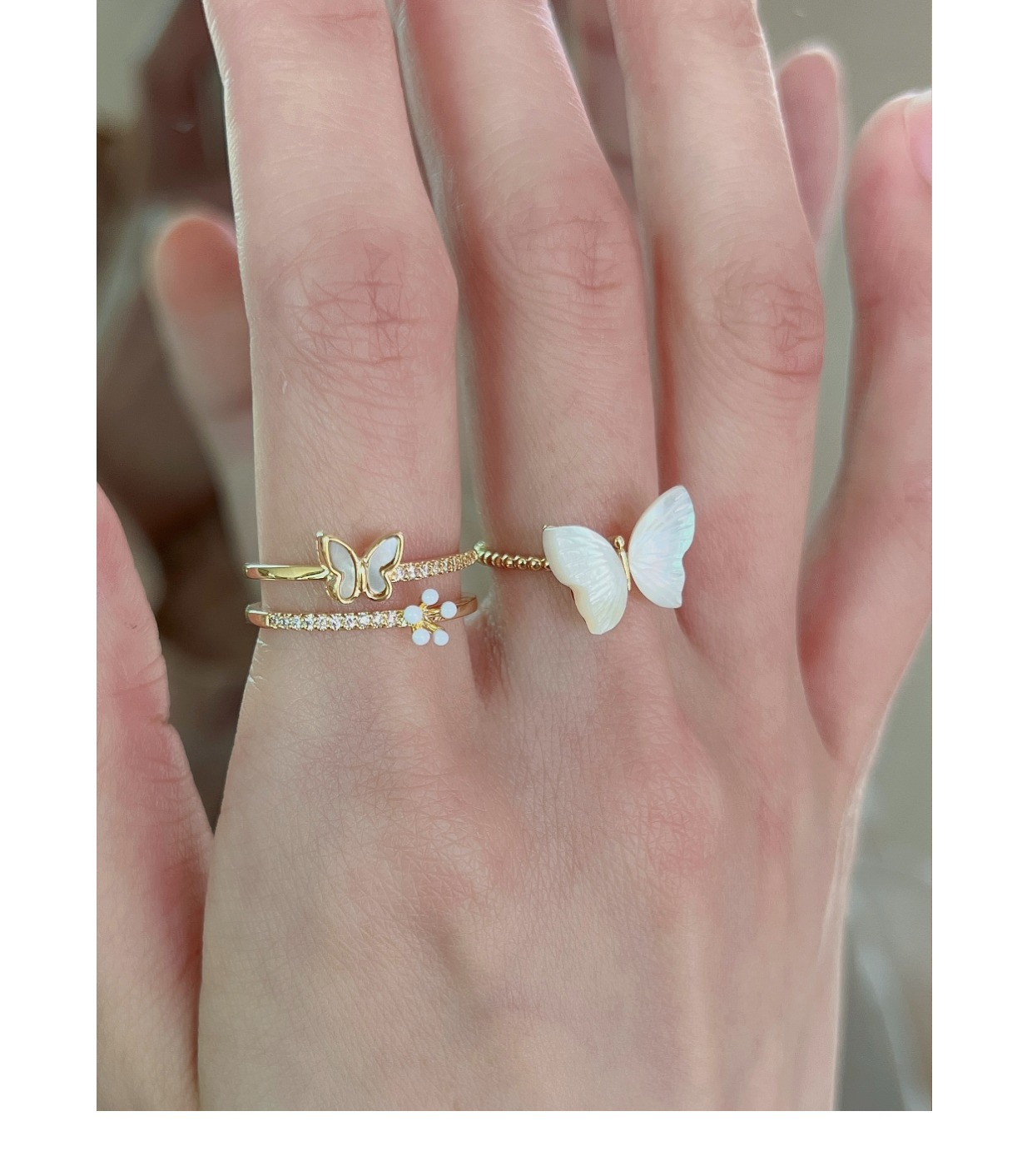 Flower, Rhombus, Butterfly Pattern Women'S Gender Artistic Flower Rhombus Butterfly Copper Enamel Inlay Artificial Pearls Shell Zircon Rings