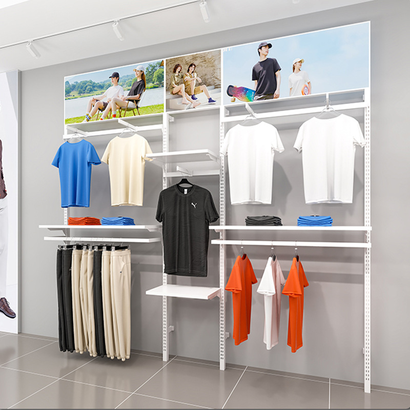Tienda de ropa estante de exhibición colgante estante de piso estante de exhibición de pared de pared de bloqueo estante de ropa de hombre pared accesorios de exhibición