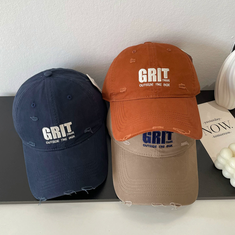 Korean-Style Fashion Letter Embroidery Soft-Top Baseball Cap for Men and Women, Spring Fashion with Distressed Design, Casual Trendy Duckbill Cap