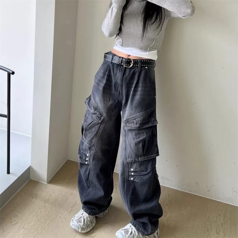 梵思羽复古蓝水洗重工工装裤牛仔裤女新款美式复古高腰直筒阔腿裤|undefined
