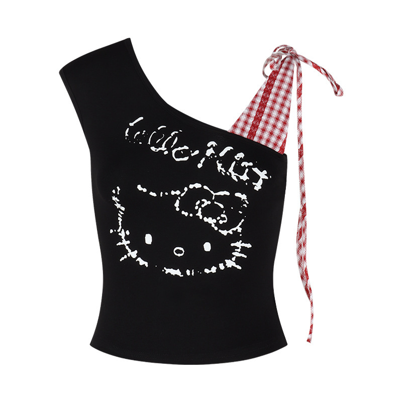 白い格子はkittyの肩のベストtシャツの女性の夏のデザイン感をつなぎ合わせます。|undefined