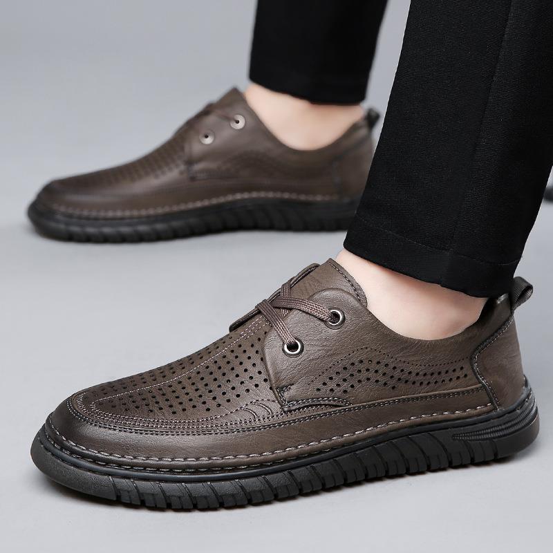 2023 년 여름 남성 레이스 업 소프트 가죽 캐주얼 남성 신발 빈 국경 고무 솔 홀 신발 BAITA 통기성 가죽 샌들