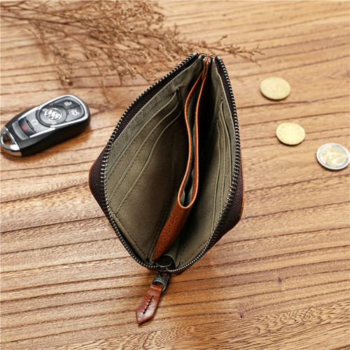 Men's vegetable tanned genuine leather wallet short zipper driver's license card holder first layer cowhide simple wallet multi-card slot wallet