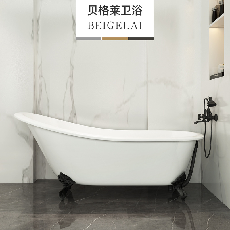 Deep Soaking Large Freestanding Cast Iron Ceramic Bathtub for Home Use, Suitable for Small Apartments, Adult-Sized, with Thermostatic Insulation, Light Luxury