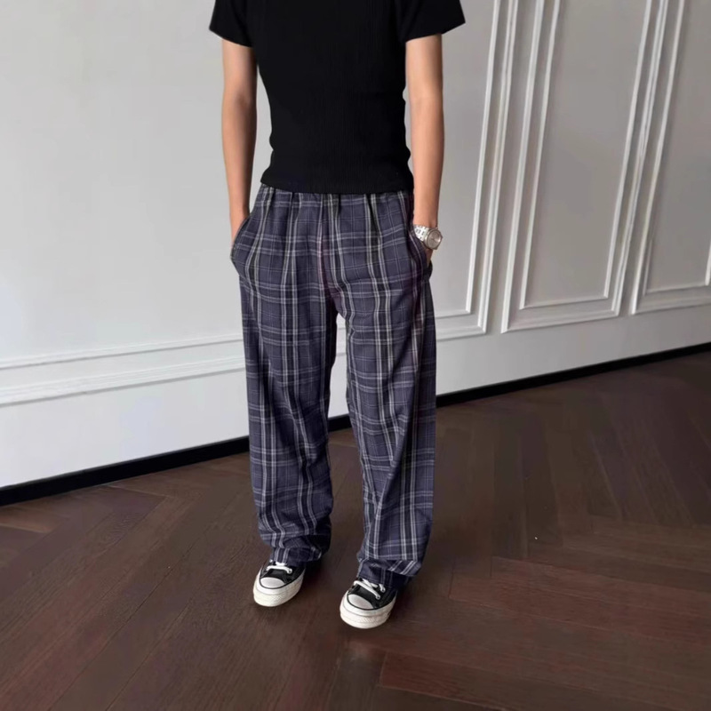 Auticup American Paris Style Relaxed Straight-Leg Flared Plaid Wide-Leg Pants Casual Home Pants