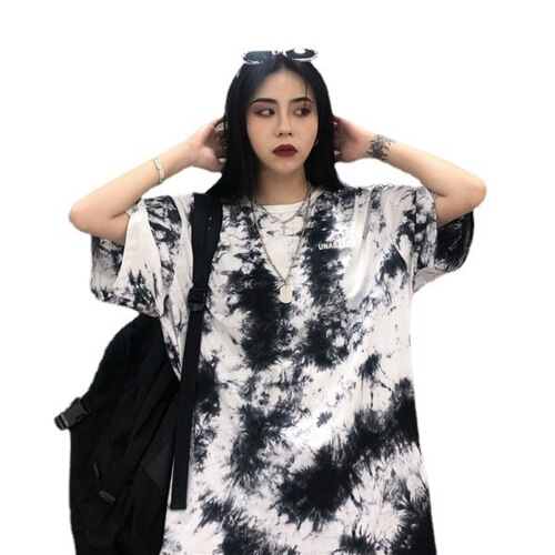 Foreign trade loose Harajuku style tie-dye bf top summer ins trendy Hong Kong style super hot Cec short-sleeved women T-shirts students and women trendy