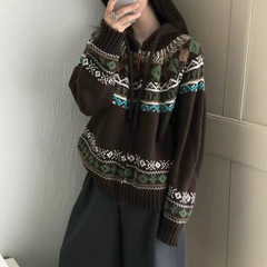 韩系2025早秋新款复古美拉德风连帽撞色毛衣女费尔岛提花软糯帽衫