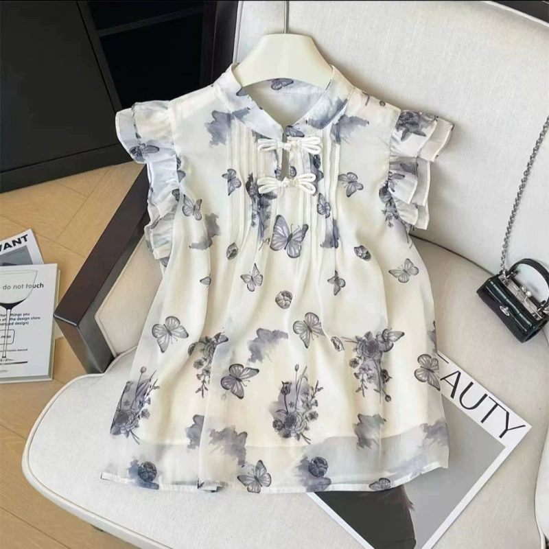 Новая китайская ретро-блузка с принтом бабочек, короткий рукав, для женщин, лето 2025, новый дизайн, омолаживающий топ