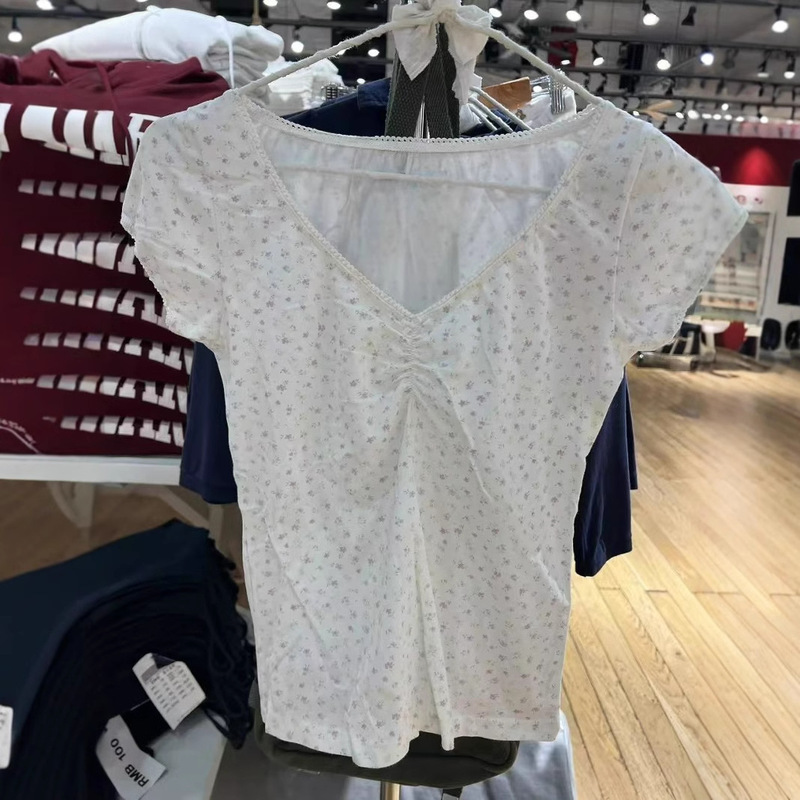 Bm Style Pleated Lavender Purple Floral Bow Lace V Neck Short-Sleeved T-Shirt for Women Pure Desire Slimming Look Short Top