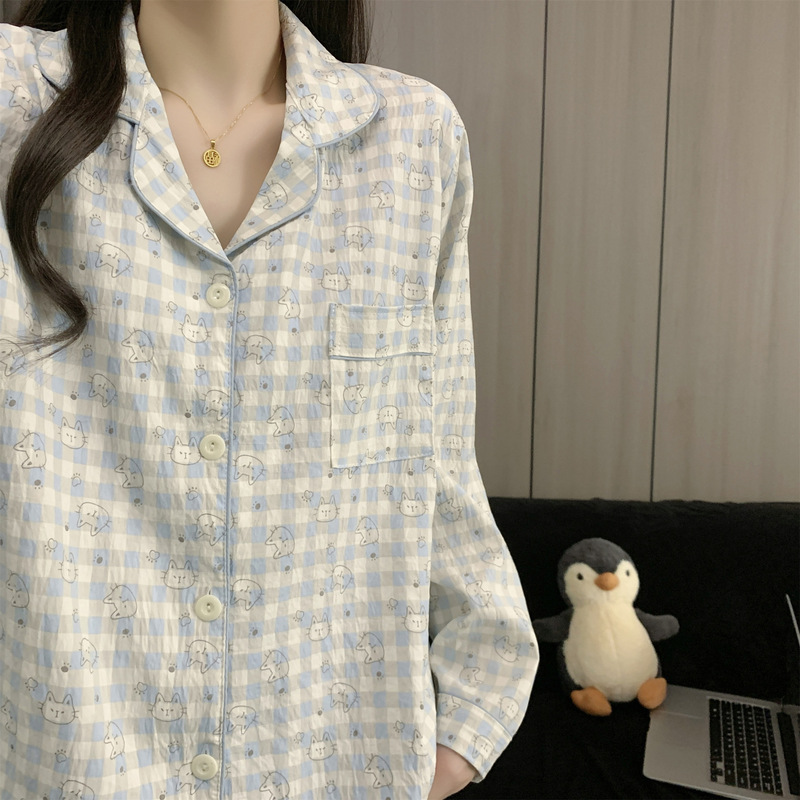 Manufacturer's Ready-Made Large Size Pajamas for Women in Spring and Autumn Long-Sleeved Small Fresh Blue Plaid Home Clothes Two-Piece Suit That Can Be Worn Outside Manufacturer's Ready-Made Large Size Pajamas for Women in Spring and Autumn Long-Sleeved Small Fresh Blue Plaid Home Clothes Two-Piece Suit That Can Be Worn Outside