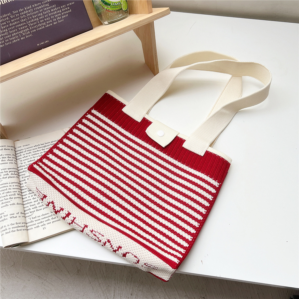202g Weight Polyester Lining Material Buckle Closure Type Double Shoulder Straps Strap Type Tote Bag Bags Type Daily, Shopping Occasion Knit Material Stripe Pattern All Seasons Season Women's Gender Classic Style Style Medium Size Women's Medium Knit Stripe Classic Style Buckle Tote Bag 11