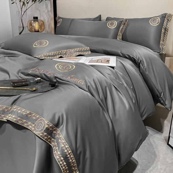 2022新款水洗宽边刺绣四件套轻奢纯色四件套床上四件套批发夏季