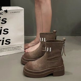 英伦风复古字母粗跟短筒马丁靴女2025年小个子增高后拉链瘦瘦靴|undefined