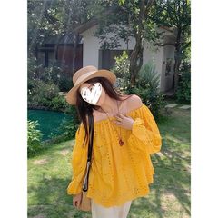 设计感独特气质黄色镂空一字肩长袖衬衣女装夏季小众宽松衬衫上衣
