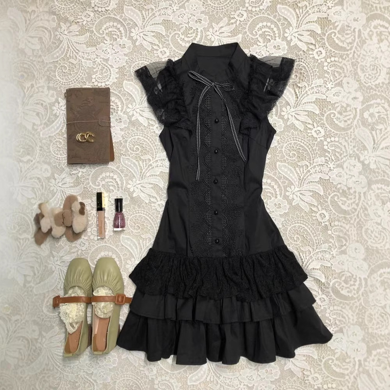 Retro Vintage Vintage Wear Lace Splicing Shirt Dress Summer New Cake Short Skirt Retro Vintage Vintage Wear Lace Splicing Shirt Dress Summer New Cake Short Skirt