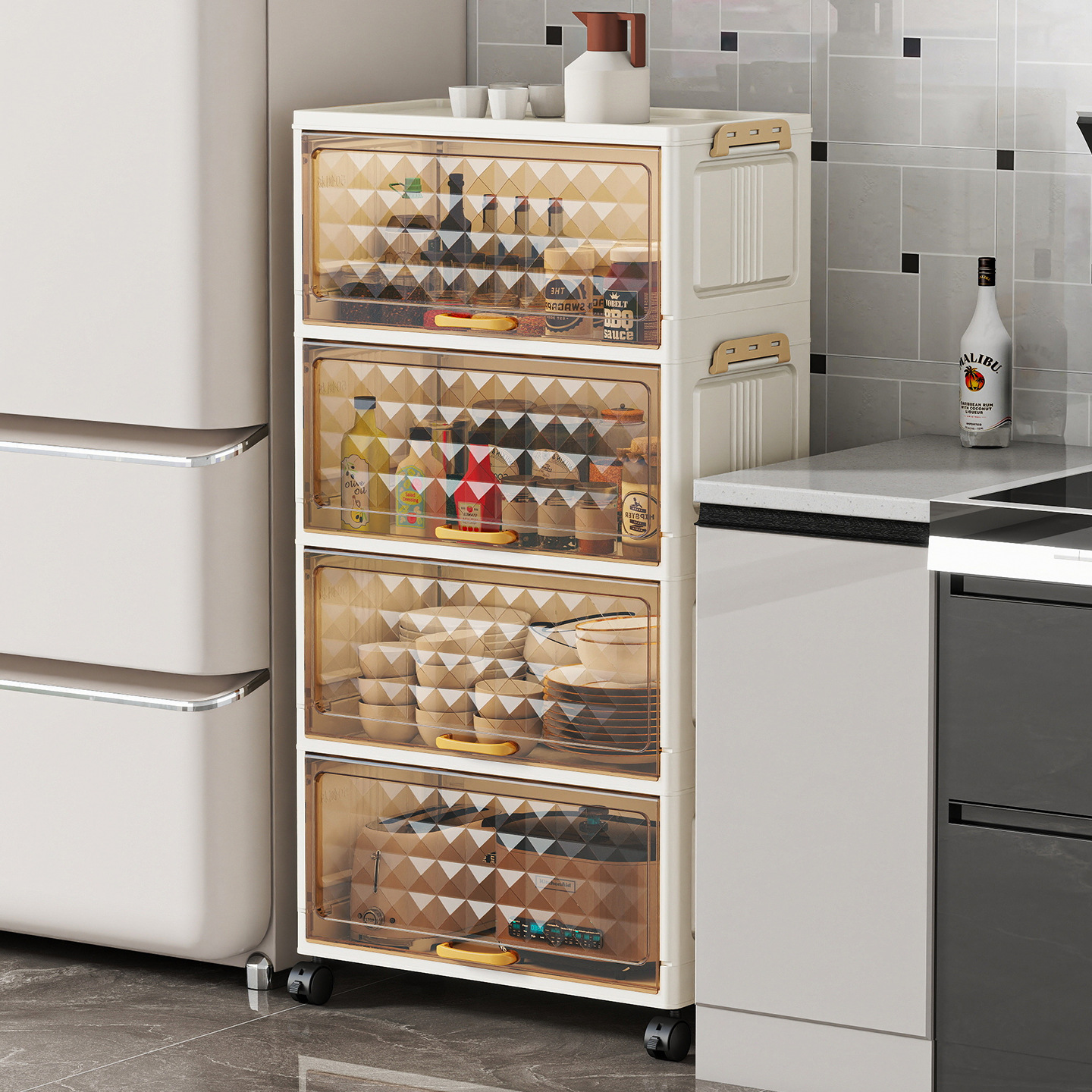 跨境透明翻盖折叠收纳柜家用加厚PP免安装储物柜床头五斗置物柜子