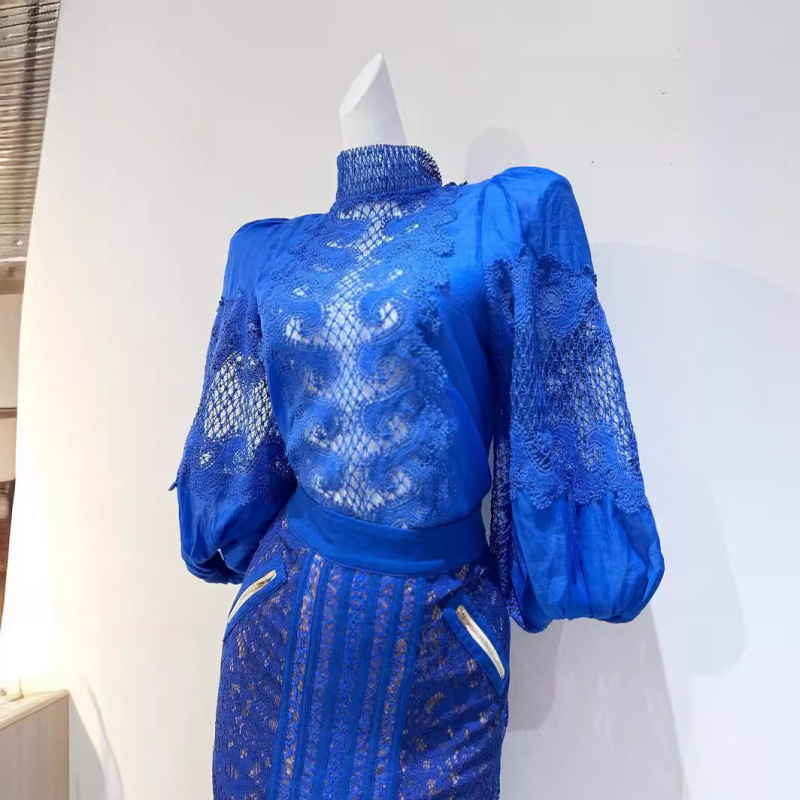 2024 spring and summer new celebrity fashion lace hollow lace design sense lantern sleeve shirt Korean style see-through top 2024 spring and summer new celebrity fashion lace hollow lace design sense lantern sleeve shirt Korean style see-through top