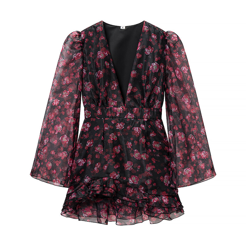 Cross-Border Amazon New Summer Women's Clothing Sexy Hot Girl Floral Pattern Ruffled Mini Slimming Dress