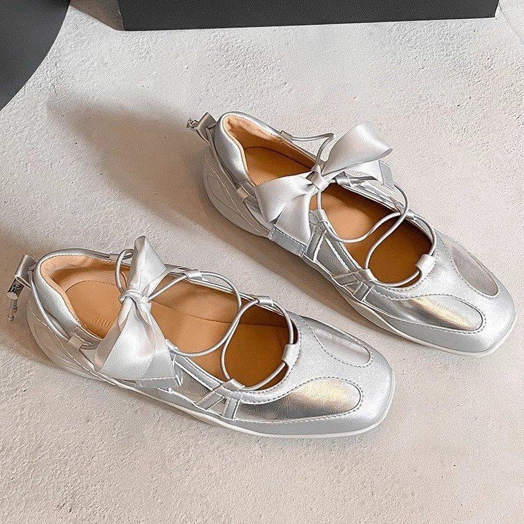 Genuine Leather French Style Height-Increasing Small Silver Shoes Sports Ballet Shoes Beautiful Bow Cross Strap Mary Jane Shoes Women