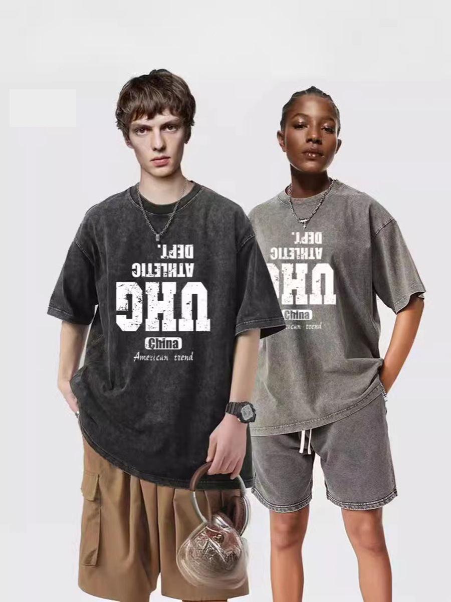 Cross-border hacer vieja camiseta de manga corta hombre verano cuello redondo suelto sobretamaño retro americano inns Europa y América blusa marca de moda