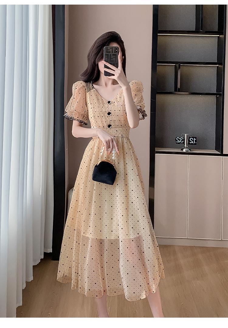Váy maxi nữ thắt eo chất liệu lưới sóng chấm bi phong cách Pháp — 2808 màu đỏ, 2808 màu vàng, #2290#Quần áo chi tiết 4