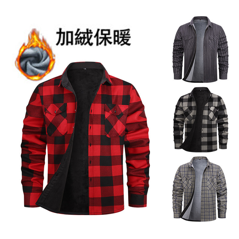 Cross-Border Supply Flannel Plaid Shirt for Men, Brushed Warm Shirt for Men, Casual Warm Shirt with Fleece for Men, Wholesale