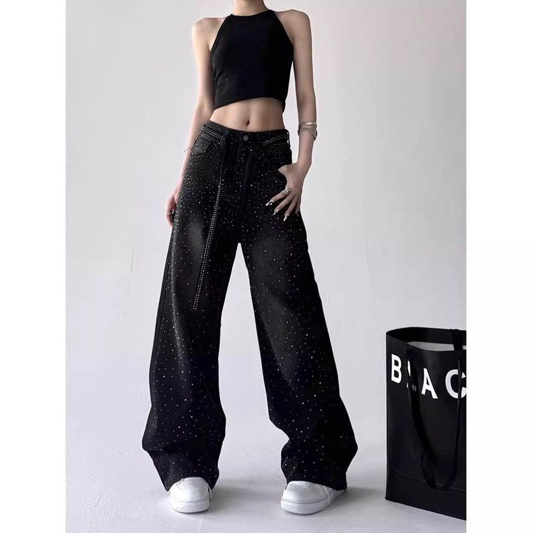 ​​Glam Distressed Wide-Leg Jeans For Women – Dark Gray Star & Diamond Embellished Denim Pants (S-2XL)​​_mkmklike.com