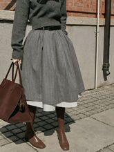 山力达迪大码复古文艺灰色条纹双层拼接半身裙2025年春秋新款格雷