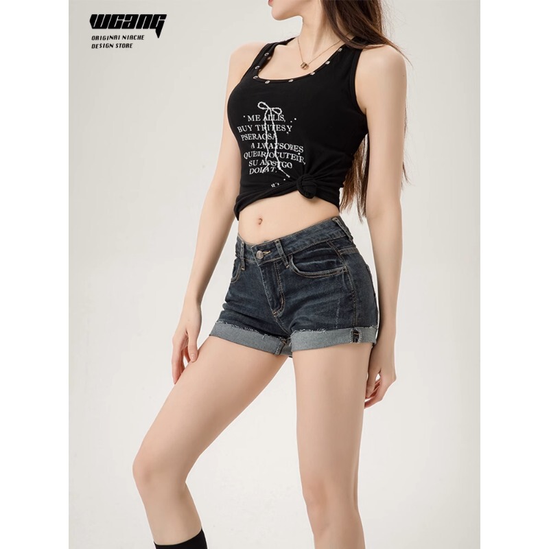 Hot Girl 2025 New Denim Shorts Women's Slim American Large Size Elastic Low Waist Summer Cuffed Hot Pants Super Short