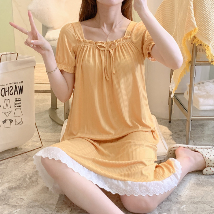 Verano delgado lindos pijamas bonitos rasgos de encaje un cuello de manga corta pijama vestido para el hogar de mujeres