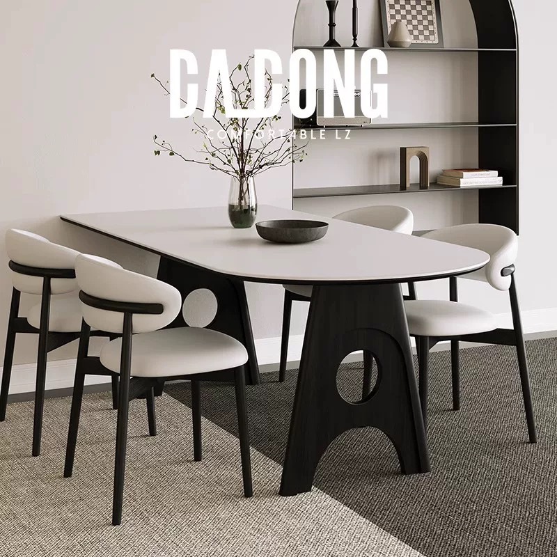 Mesa de comedor de la península de pizarra de roca ovalada de madera maciza estilo retrógrado simple mesa de comedor de pizarra de roca blanca pura