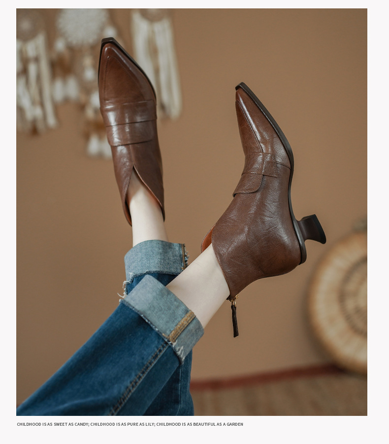 Retro Women's Ankle Boots Pointed Toe Low Heel Back Zipper Slimming Winter Style Unique Cowboy Boots_vogvips.com