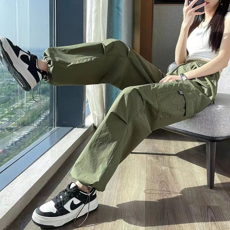Ice Silk Quick-Dry Cargo Pants for Women, Thin High-Waisted Drawstring Jogger Hiking Pants, American-Style Harem Sports Pants, Two-Way Trendy