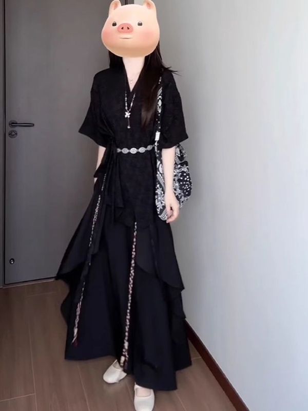 クールでスタイリッシュな漢服夏の新しい中国風レトロニッチシャツとワイドレッグカジュアルパンツのツーピースセット|undefined