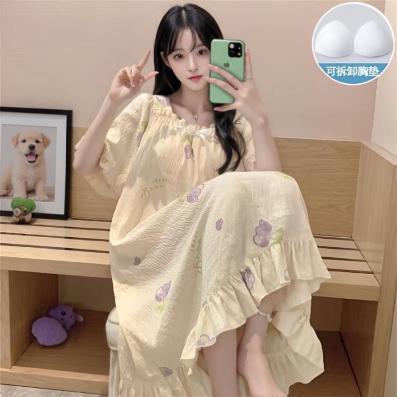 Short-Sleeved Nightgown with Chest Pads, Summer Cloud Cotton 2025 New Style Nightgown, Mid-Length, Loose, Cute Cartoon Home Wear Short-Sleeved Nightgown with Chest Pads, Summer Cloud Cotton 2025 New Style Nightgown, Mid-Length, Loose, Cute Cartoon Home Wear