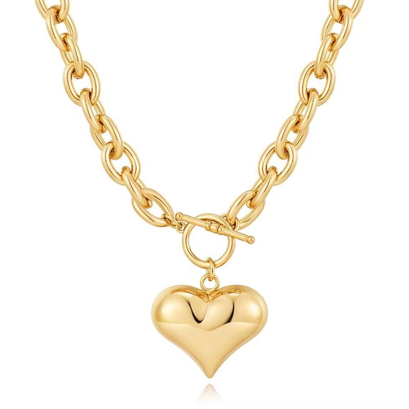 Cross-Border European and American Simple Fashion Ot Buckle Gold-Plated Thick Chain Fluffy Heart-Shaped Pendant Necklace Thick Thick Chain Necklace Jewelry