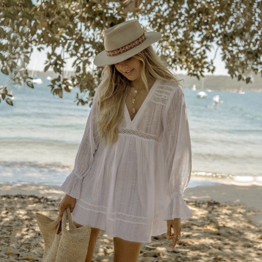 long sleeve v neck loose solid color beach outdoor cover-up NSMUX132646