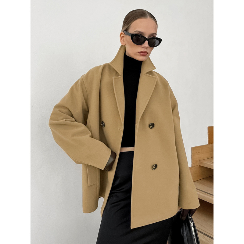 Brown Woolen Coat Mid Length Double Breasted Autumn Winter Jacket_voghion.com