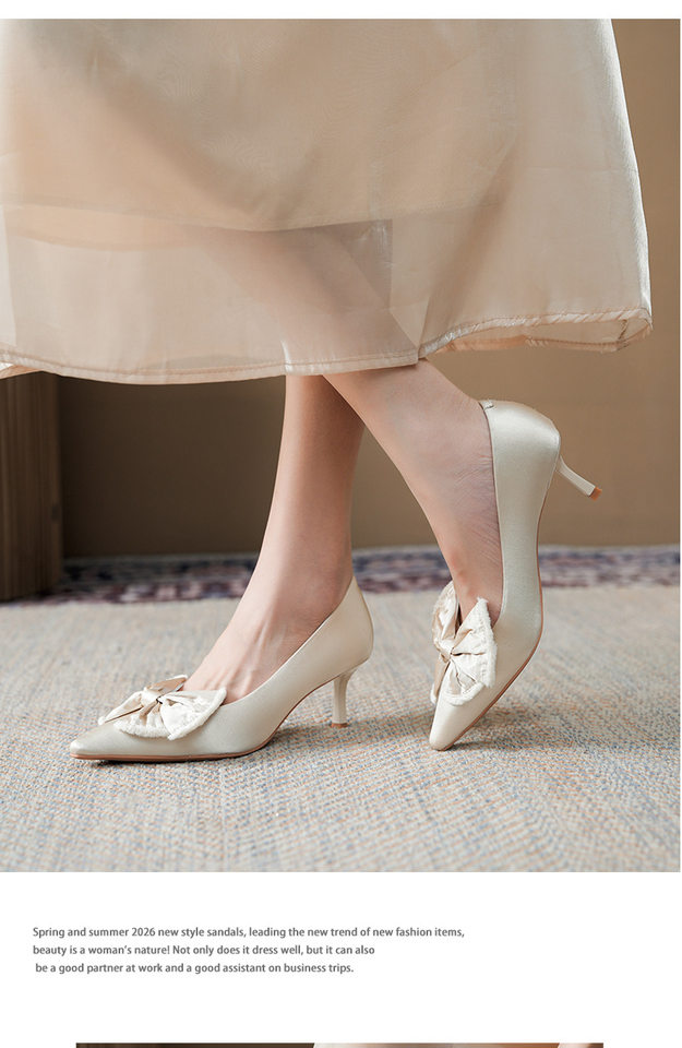 Giày cao gót nữ mũi nhọn gót mảnh 6–8 cm, nơ lụa satin lớn, phối váy — Màu hồng, Màu trắng ngà, màu đen chi tiết 6