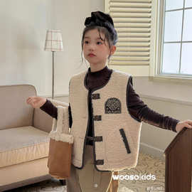 女童冬季仿羊羔绒外套2025新款儿童仿麂皮马甲背心宽松秋冬装