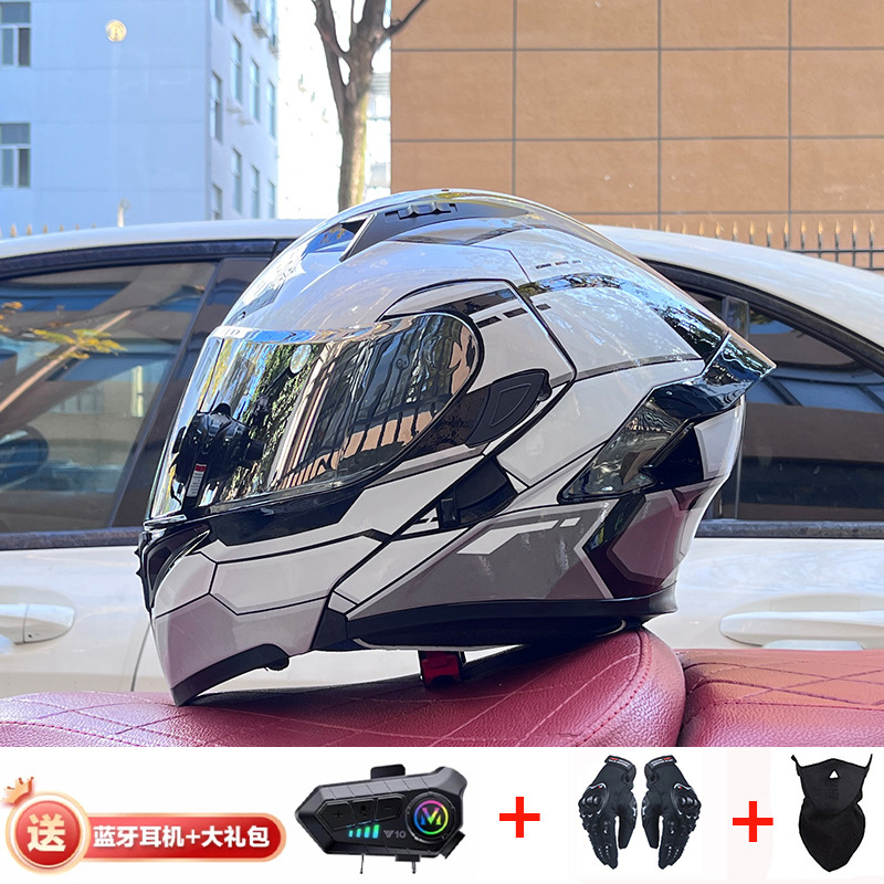 Casco de exposición Orz para hombres y mujeres invierno Doble espejo coche eléctrico semi-Casco completo cola de color coche deportivo ranura Bluetooth cuatro estaciones casco