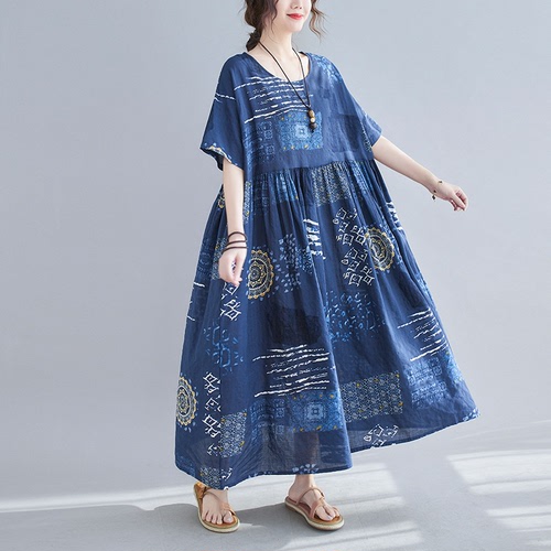 Women Plus size Dresses big size printed short sleeve dress covering belly long skirt