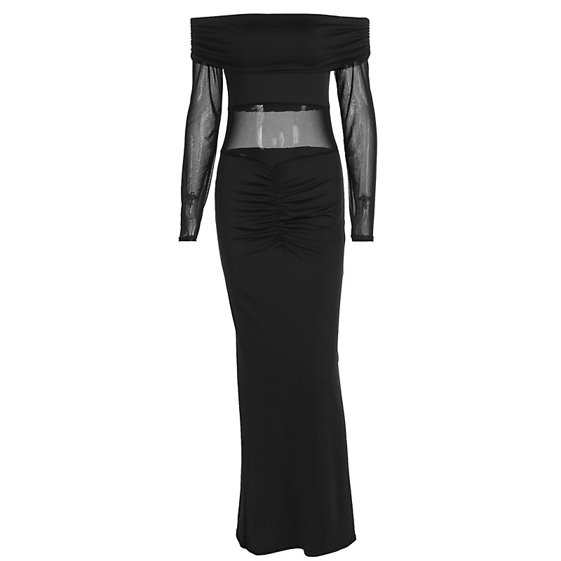 New Arrival Fashion Elegant Off Shoulder Long Sleeve Slim Fit Sheer Mesh Dress Women's Casual Party Evening Cocktail Dress_ecoleips.com