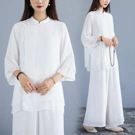 2025春季新款复古民族风改良纯色文艺禅意茶服宽松休闲瑜伽服套装