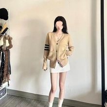 新款针织开衫学院复古2025撞色宽松百搭毛衣外套慵懒衫三条杠外套