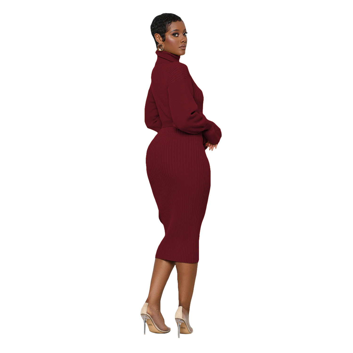 Women's Clothing solid color high collar knitted strap dress_voghion.com